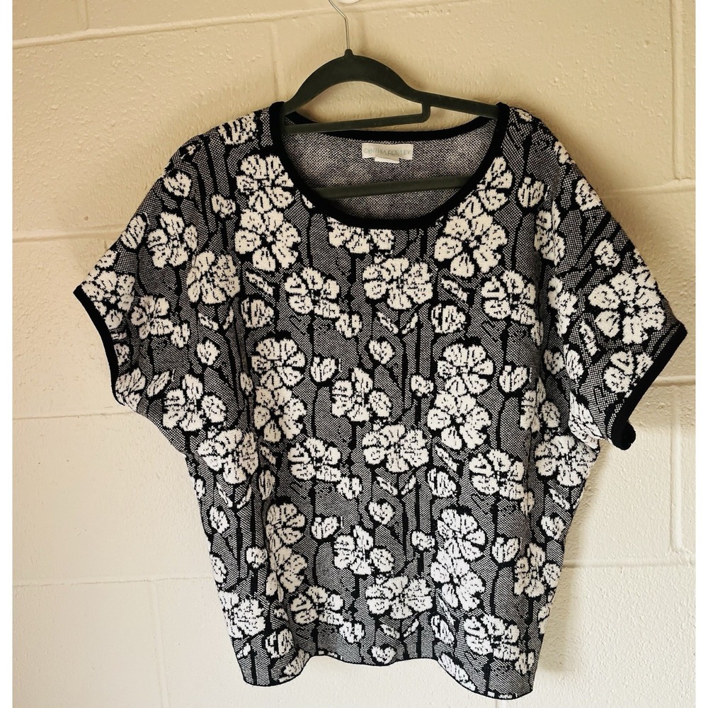 Cynthia Rowley Sweater Short Sleeve Black White Floral Pattern Layering Office